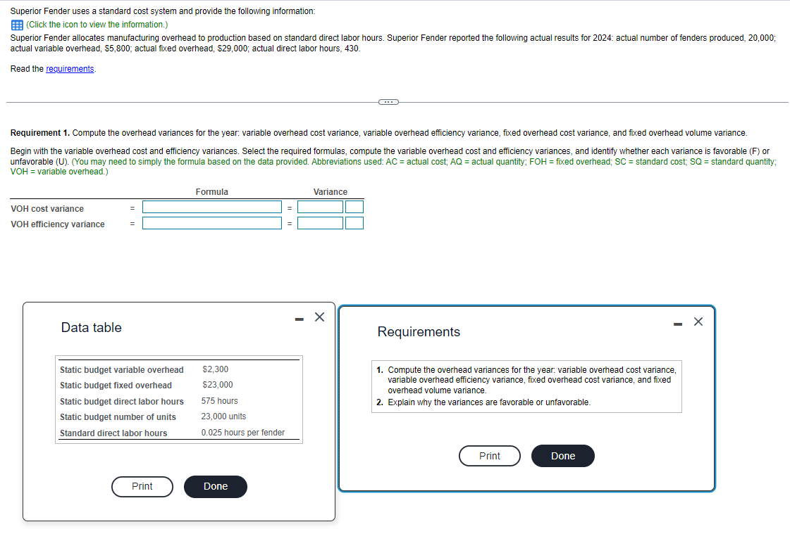 Solved Superior Fender uses a standard cost system and