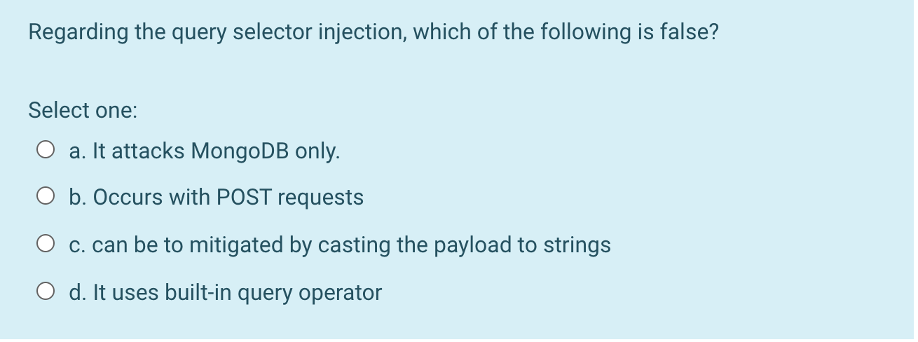 Solved Regarding The Query Selector Injection Which Of The Chegg Com