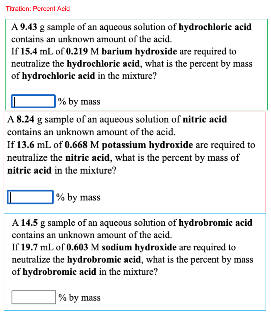 Solved Titration: Percent Acid A 9.43 g sample of an aqueous | Chegg.com