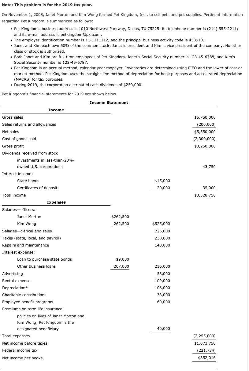 Solved Note: This problem is for the 2019 tax year. On | Chegg.com