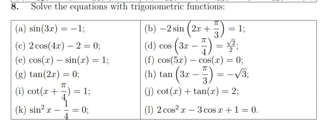 Solved 8 Solve The Equations With Trigonometric Function Chegg Com