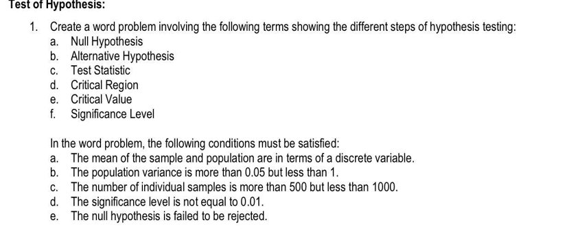 Solved Test of Hypothesis: 1. Create a word problem | Chegg.com
