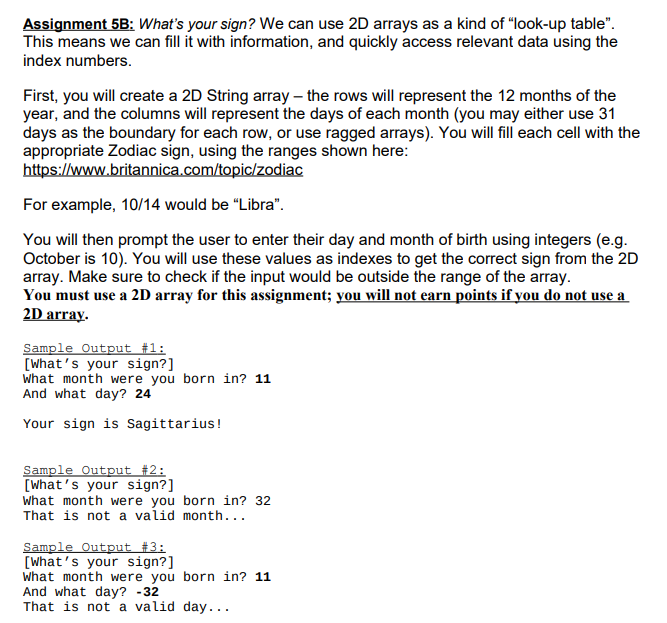 Solved Assignment 5B: What's your sign? We can use 2D arrays | Chegg.com