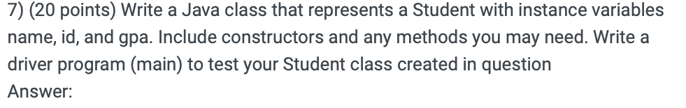 Solved 7) (20 points) Write a Java class that represents a | Chegg.com