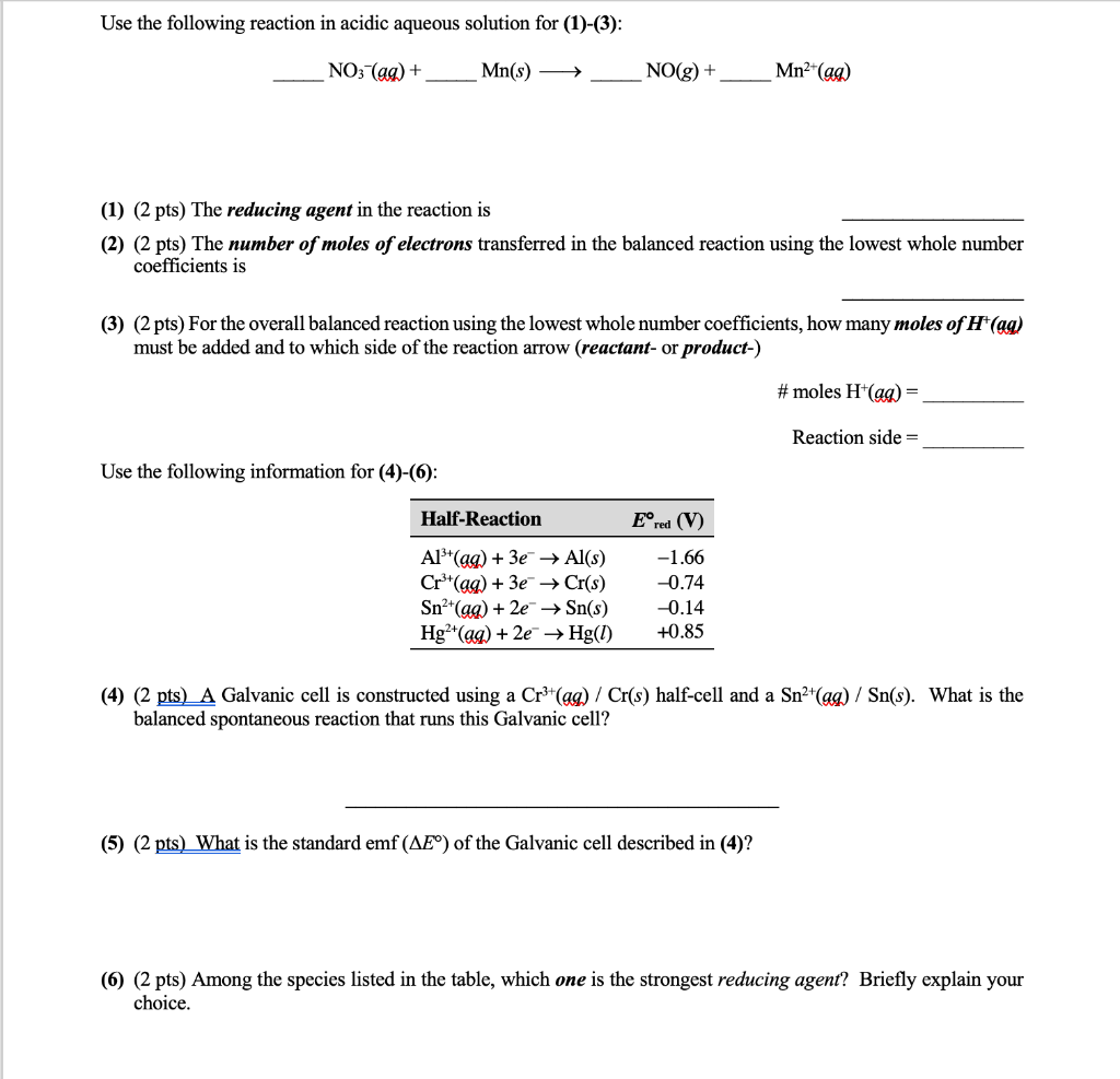 Solved Use the following reaction in acidic aqueous solution | Chegg.com