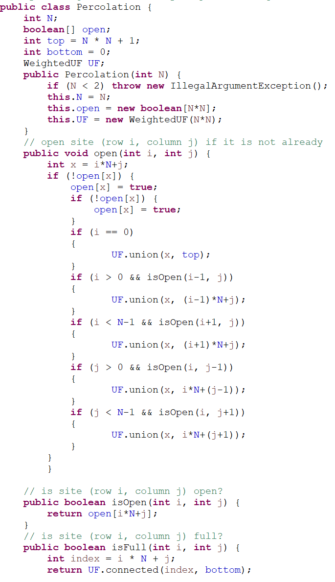 Solved lic class Percolation \{ int N; boolean [] open; int | Chegg.com