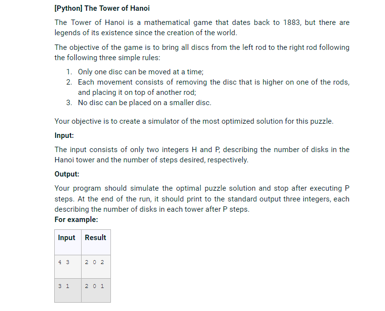 Solved [Python] The Tower of Hanoi The Tower of Hanoi is a | Chegg.com