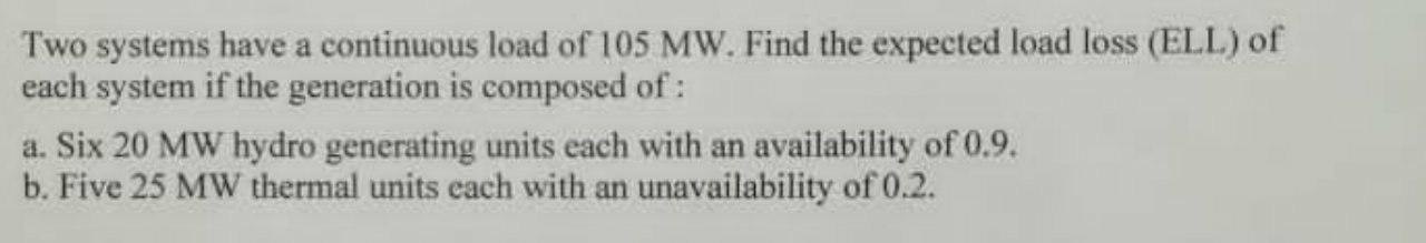 Solved Two systems have a continuous load of 105 MW. Find | Chegg.com