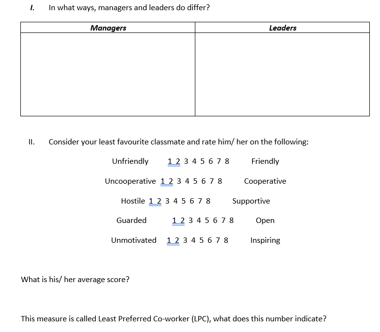 Solved I. In what ways, managers and leaders do differ? [ | Chegg.com