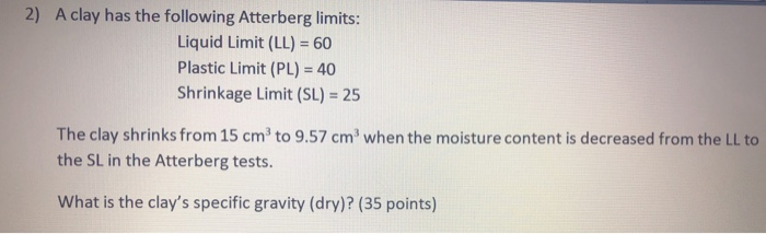 Solved 2) A Clay Has The Following Atterberg Limits: Liquid | Chegg.com