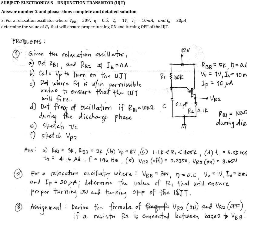 Solved SUBJECT: ELECTRONICS 3 - UNIJUNCTION TRANSISTOR (UJT) | Chegg.com