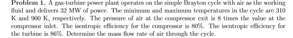 Solved Problem 1. A gas-turbine power plant operates on the | Chegg.com