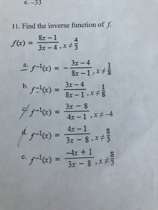 Solved e. -33 11. Find the inverse function of f &x -1 4 | Chegg.com