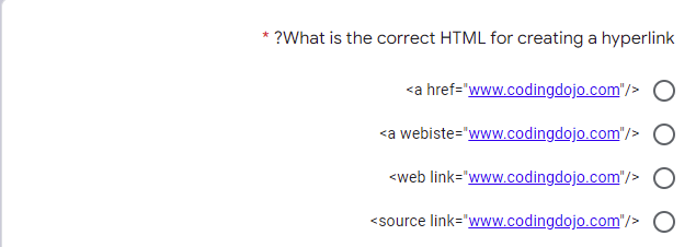 Solved * ? What is the correct HTML for creating a hyperlink | Chegg.com