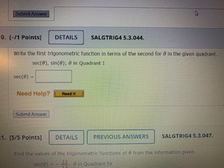 Solved Write the first trigonometric function in terms of | Chegg.com