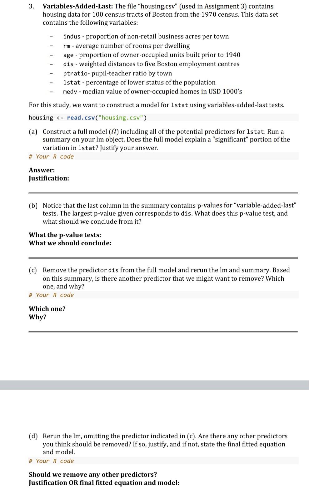 Solve using RStudio. The image of "housing.csv" are