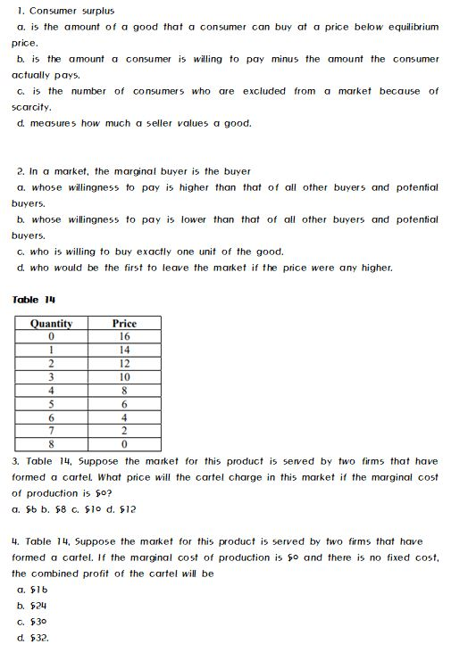 Solved 1. Consumer surplus a. is the amount of a good that a | Chegg.com