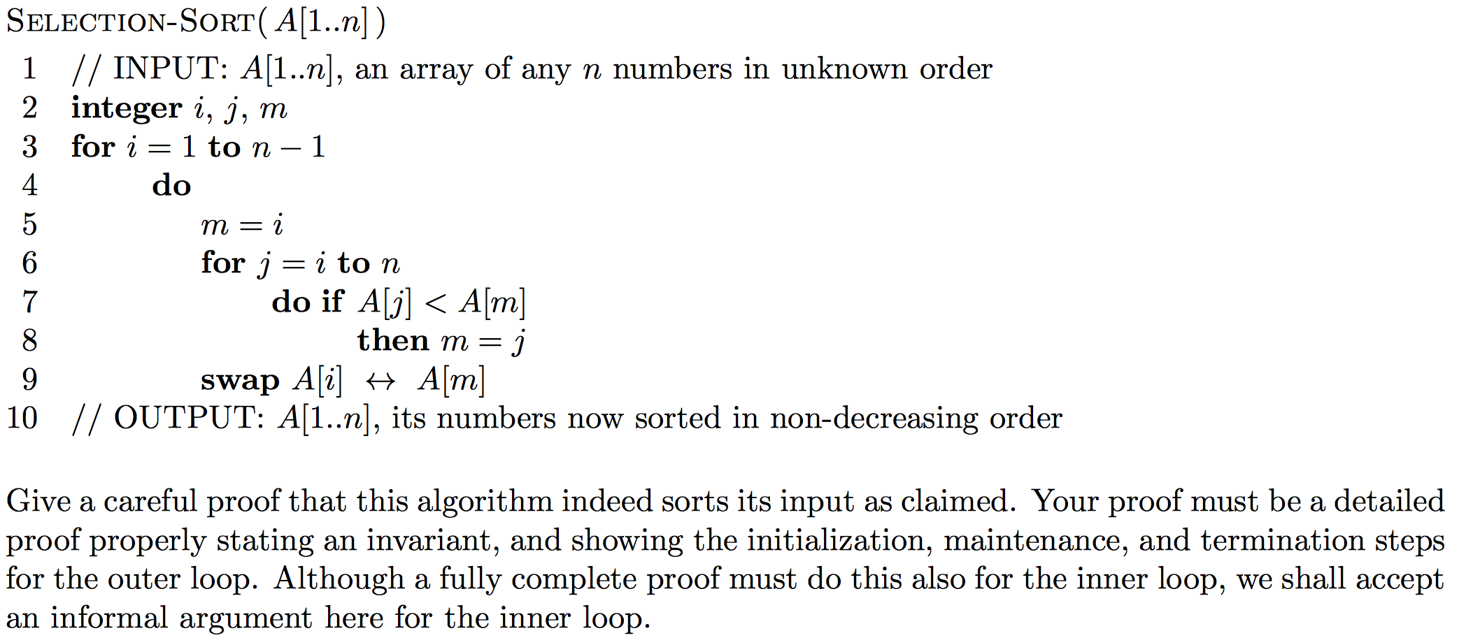 Solved Selection Sort A 1 N 1 Input A 1 N An A Chegg Com