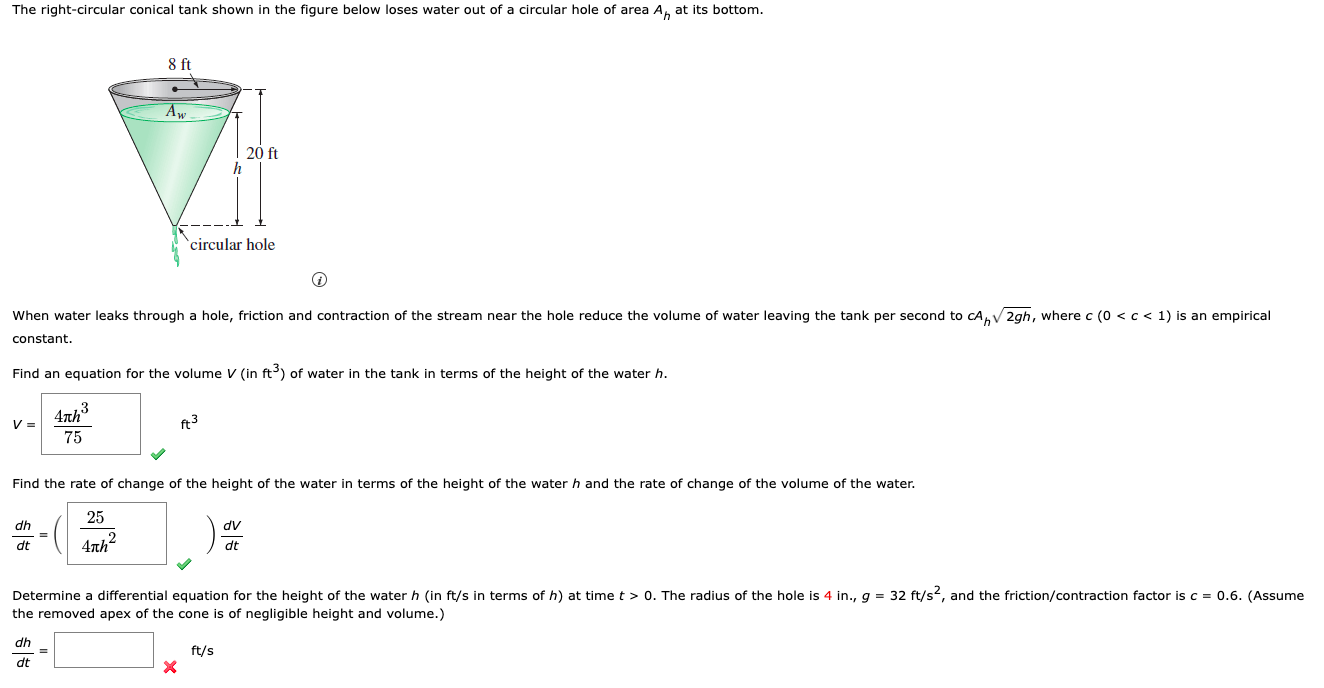 Solved The rightcircular conical tank shown in the figure