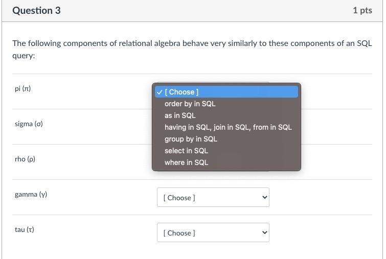 Solved The following components of relational algebra behave | Chegg.com
