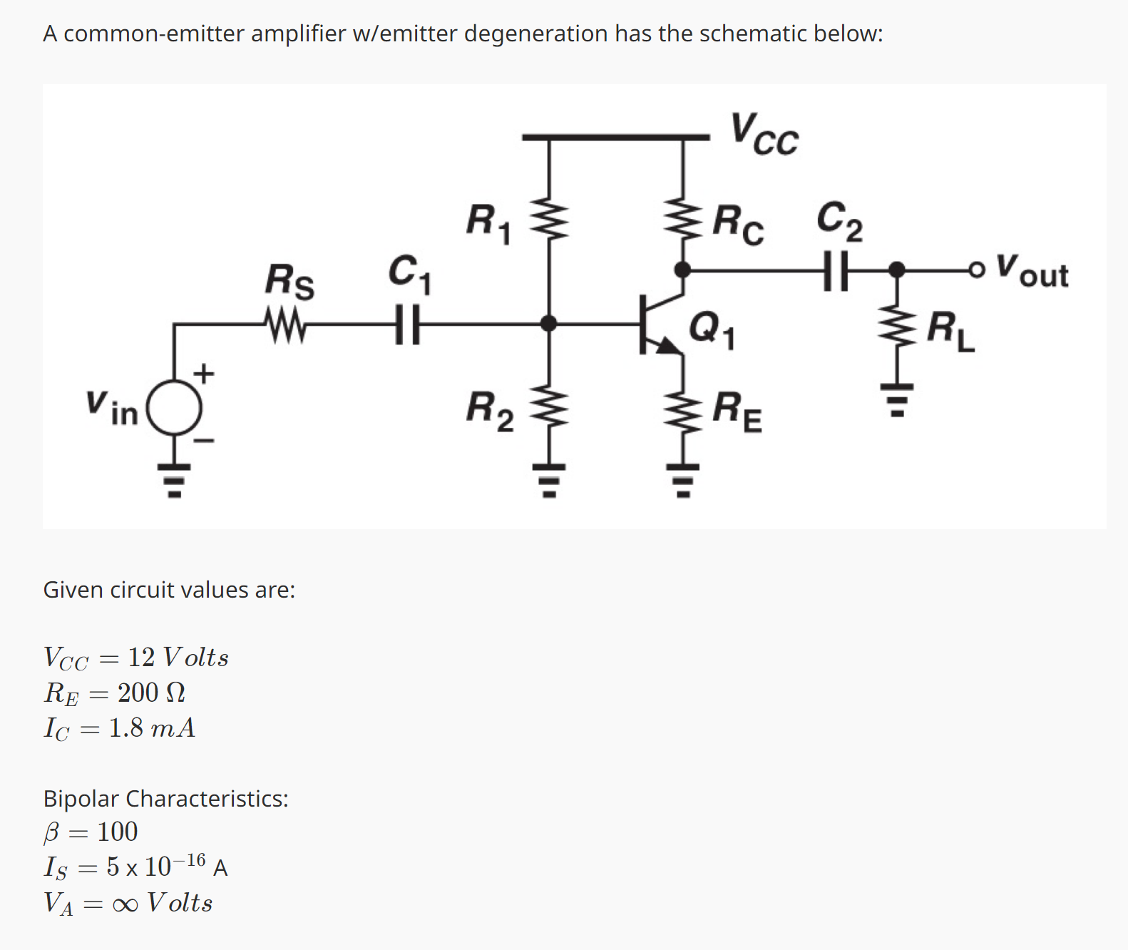 Solved A common-emitter amplifier w/emitter degeneration has | Chegg.com
