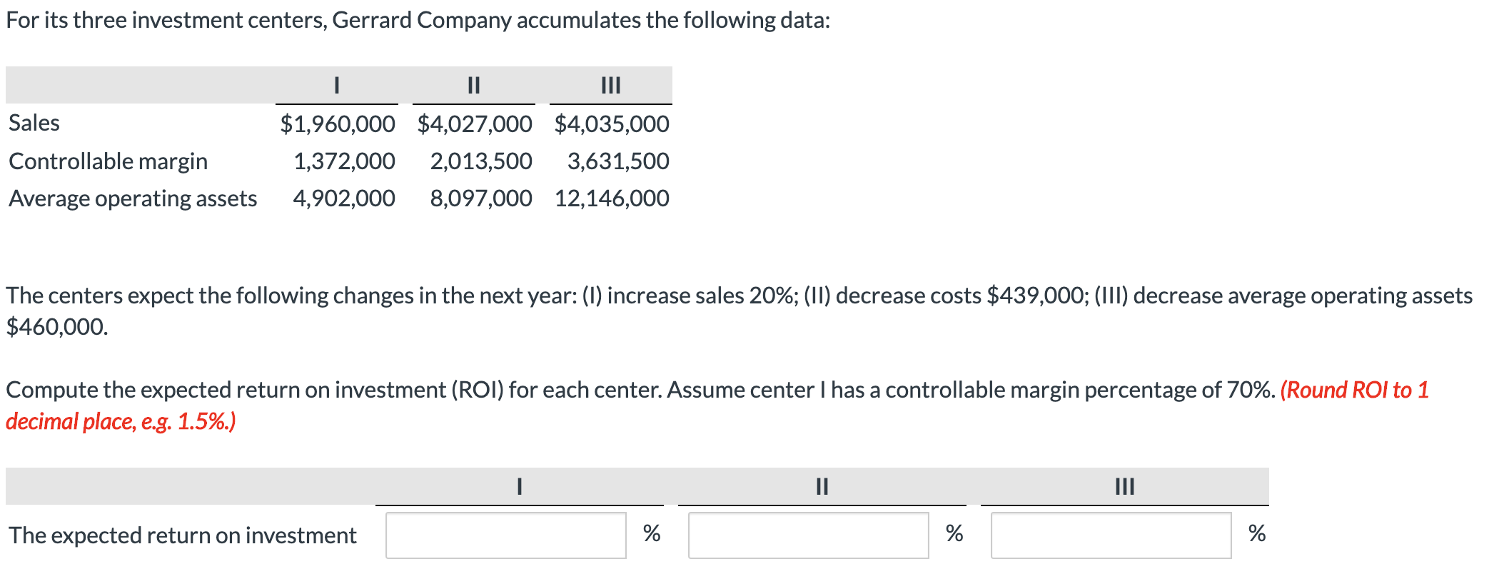 Solved For its three investment centers, Gerrard Company