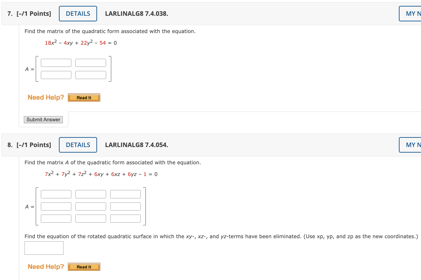 Solved Find the matrix of the quadratic form associated with | Chegg.com