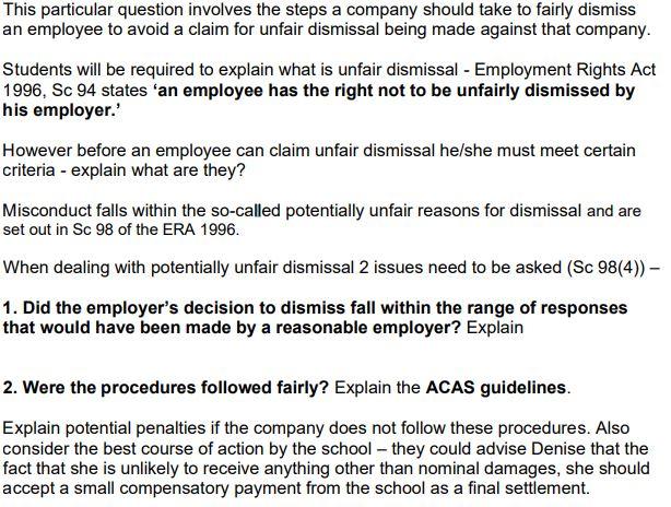 This particular question involves the steps a company should take to fairly dismiss an employee to avoid a claim for unfair d