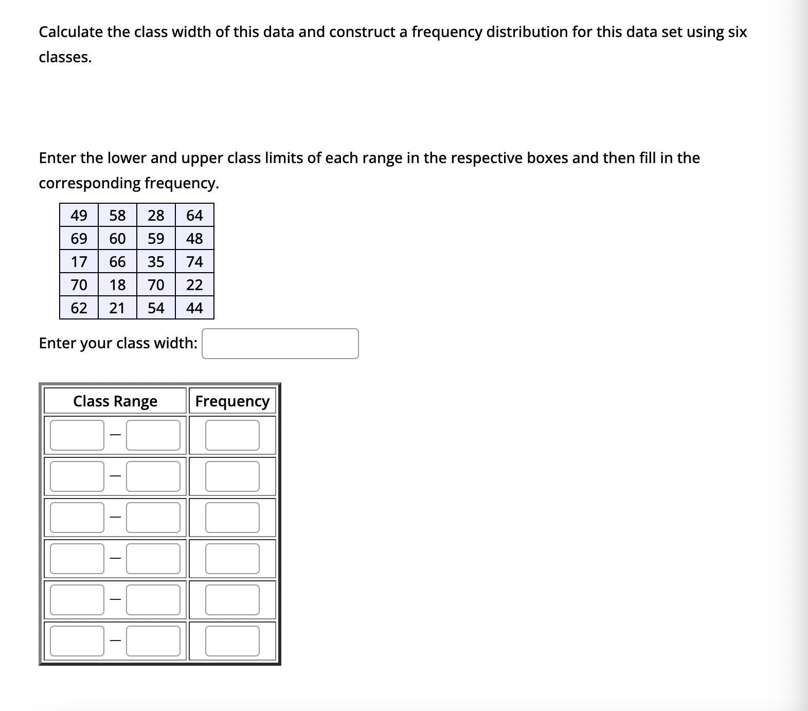 Solved Calculate the class width of this data and construct
