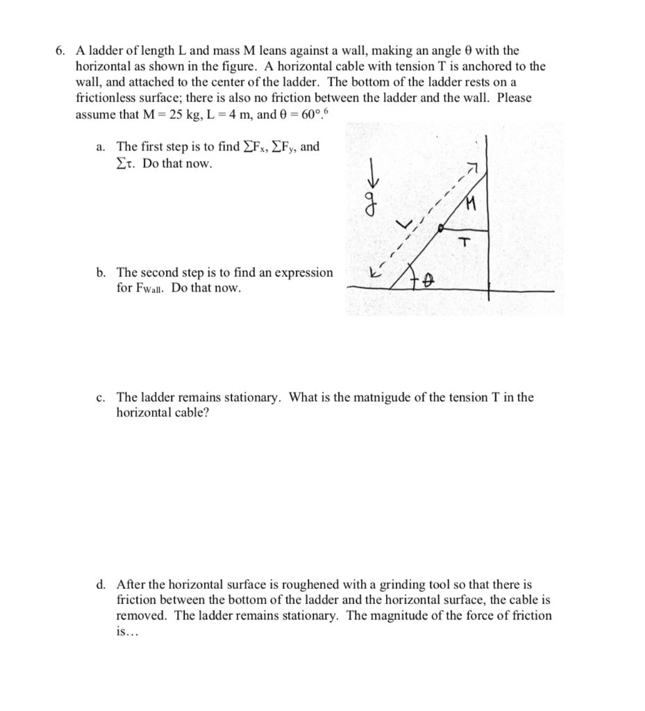 Solved 6. A ladder of length L and mass M leans against a | Chegg.com