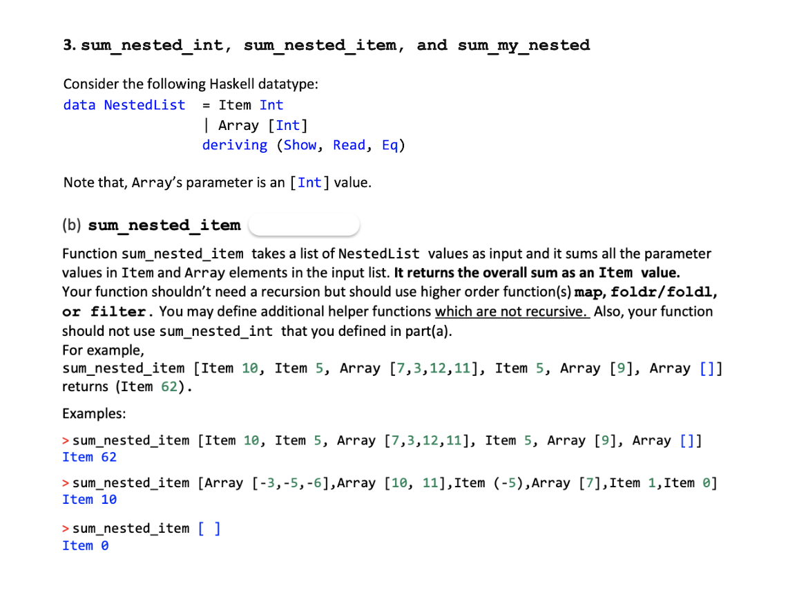 Solved 3. sum_nested_int, sum_nested_item, and sum_my_nested | Chegg.com