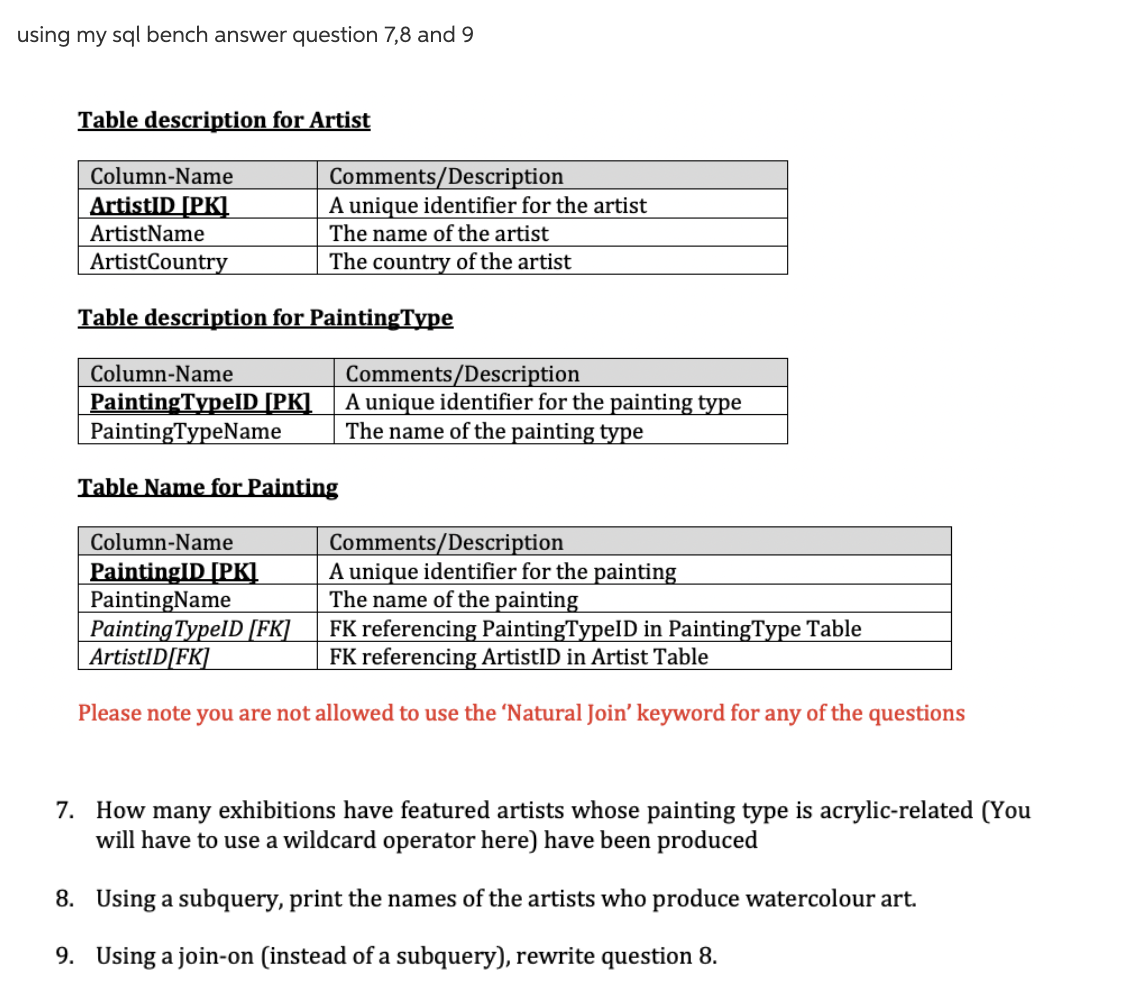 Solved using my sql bench answer question 7,8 and 9 Table | Chegg.com