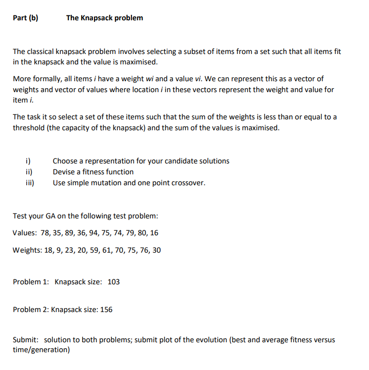 Solved Part (6) The Knapsack problem The classical knapsack | Chegg.com