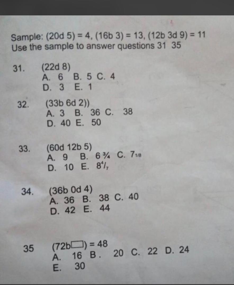 Solved Sample: (20d 5) = 4, (16b 3) = 13, (12b 3d 9) = 11 | Chegg.com