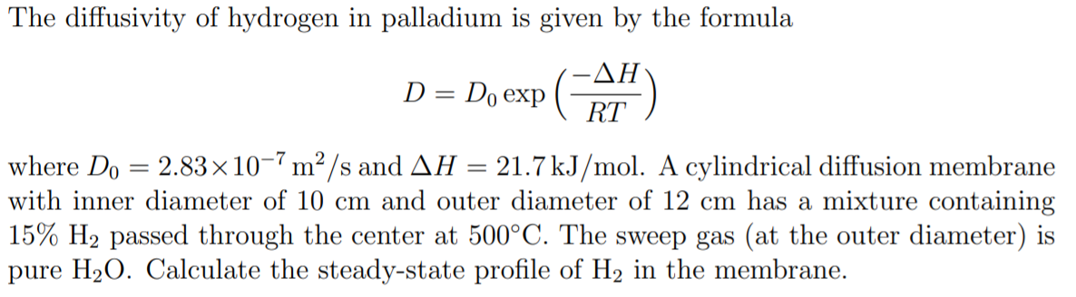 Solved The diffusivity of hydrogen in palladium is given by | Chegg.com