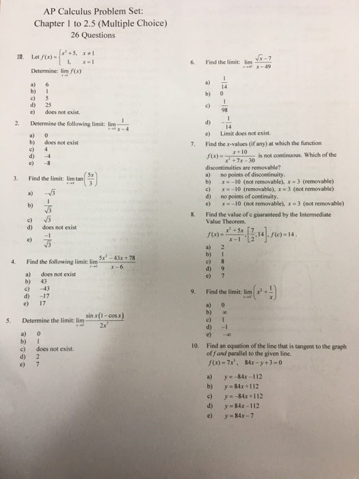 Solved AP Calculus Problem Set: Chapter 1 To 2.5 (Multiple | Chegg.com