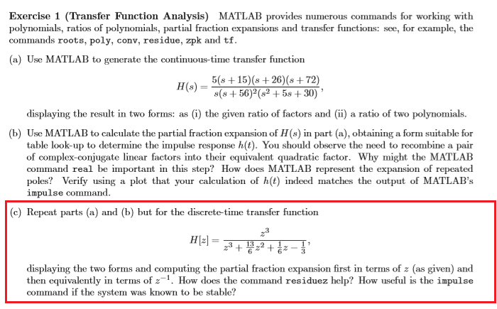 Solved Exercise 1 (Transfer Function Analysis) MATLAB | Chegg.com