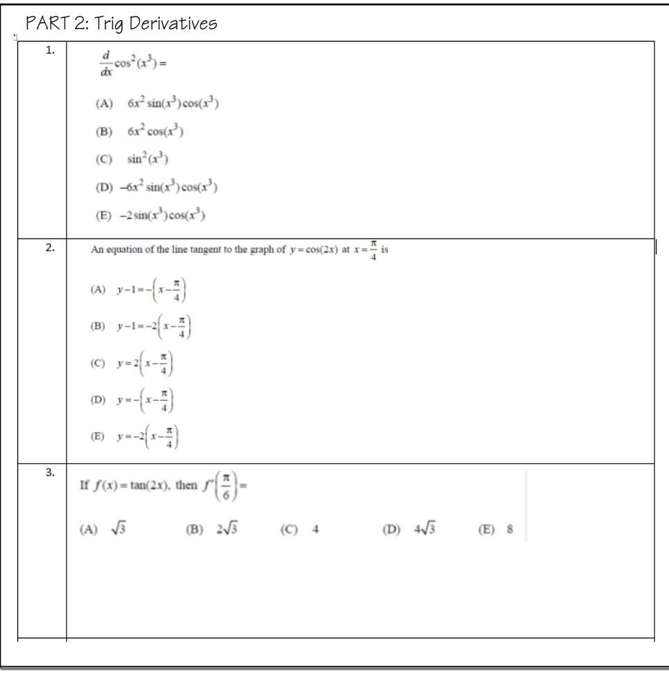 Part 2 Trig Derivatives De Cos X 1 A 6x Chegg Com