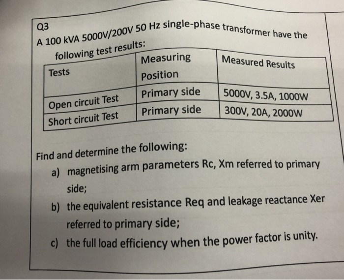 Solved A 100 kVA 5000V/200V 50 Hz single-phase transformer | Chegg.com