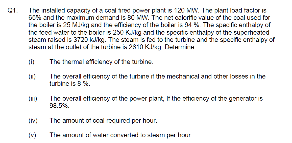 Solved Q1. The installed capacity of a coal fired power