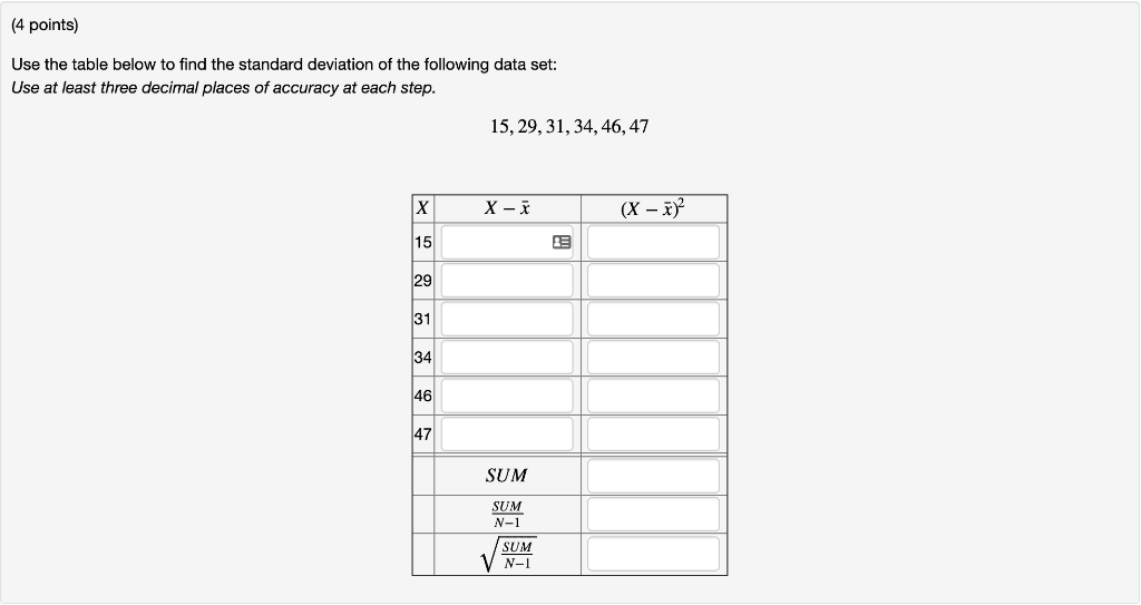 Solved (4 points) Use the table below to find the standard | Chegg.com