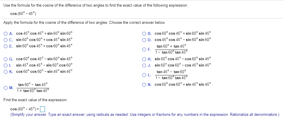 Solved Use The Formula For The Cosine Of The Difference Of Chegg