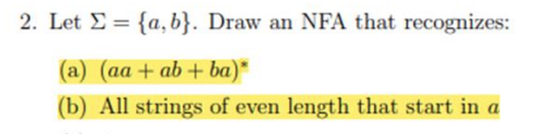 Solved 2. Let S = {a,b}. Draw an NFA that recognizes: (a) | Chegg.com