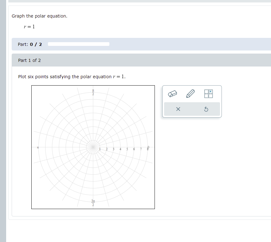Solved Graph the polar equation. r=1 Part: 0/2 Part 1 of 2 | Chegg.com