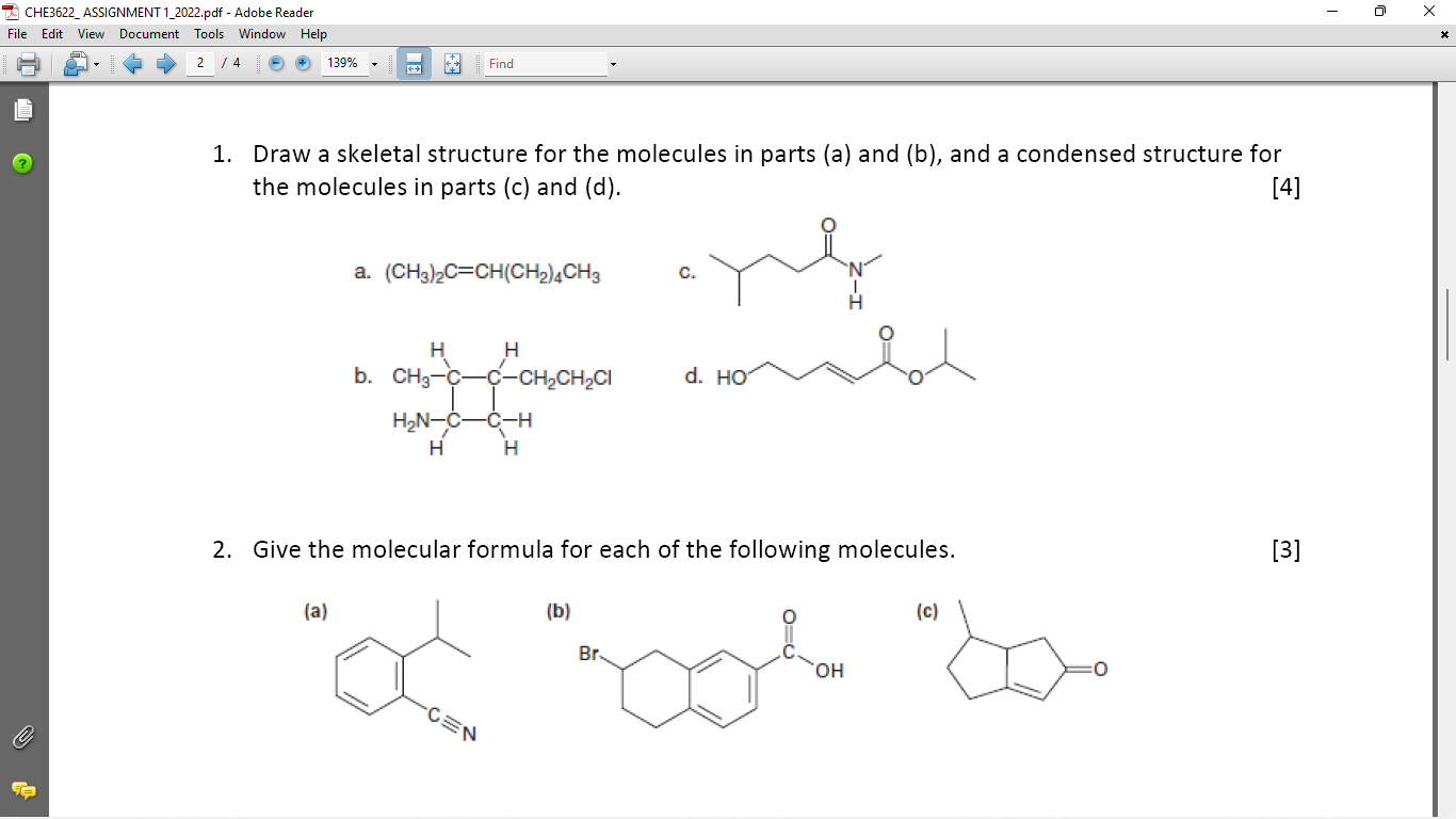 Solved 1. Draw A Skeletal Structure For The Molecules In | Chegg.com