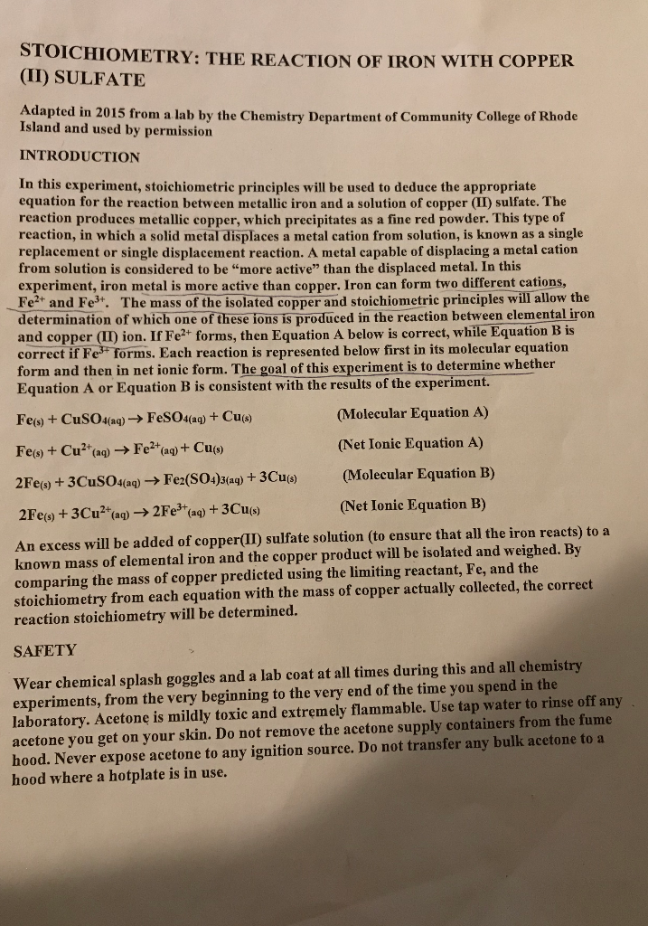 STOICHIOMETRY THE REACTION OF IRON WITH COPPER (II)