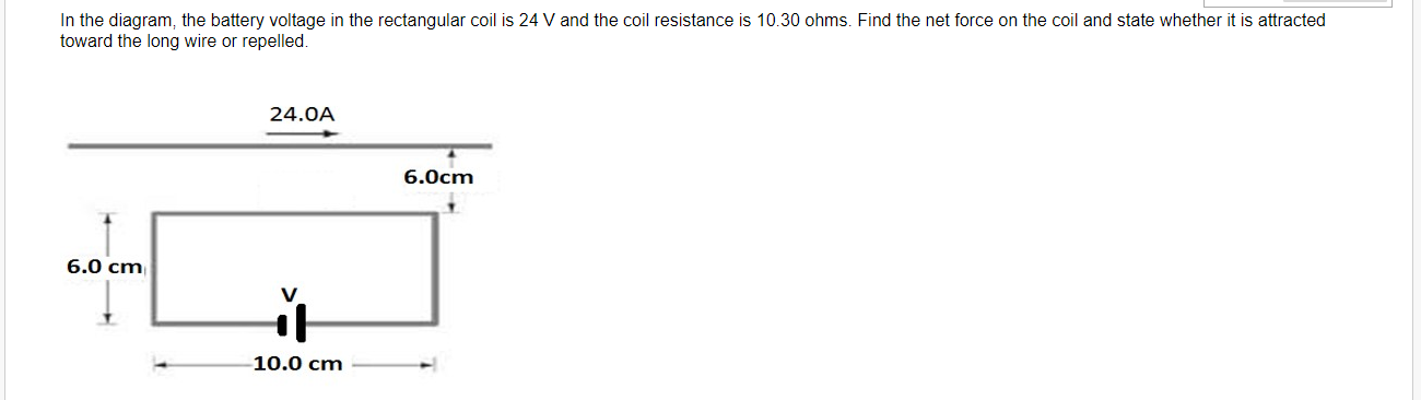 In the diagram, the battery voltage in the rectangular coil is \( 24 \mathrm{~V} \) and the coil resistance is 10.30 ohms. Fi