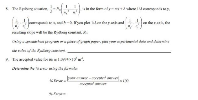 8. The Rydberg Equation, Is In The Form Of Y=mx+b | Chegg.com