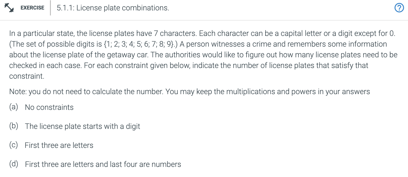 Solved EXERCISE 5.1.1: License plate combinations. © In a | Chegg.com