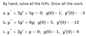 By hand, solve all the IVPs. Show all the work. a. \( y^{\prime \prime}+2 y^{\prime}+5 y=0 ; \quad y(0)=1, \quad y^{\prime}(0